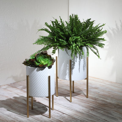 S/2 Textured Planter On Metal Stand, White/gold