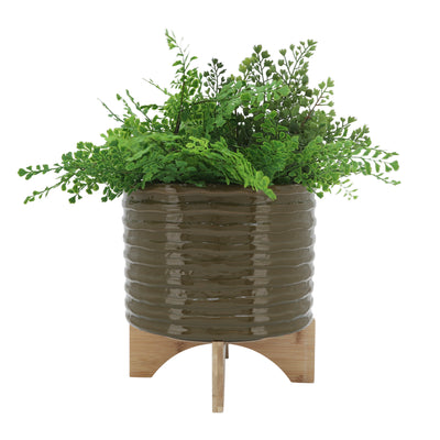 Cer, 11" Textured Planter W/ Stand, Olive