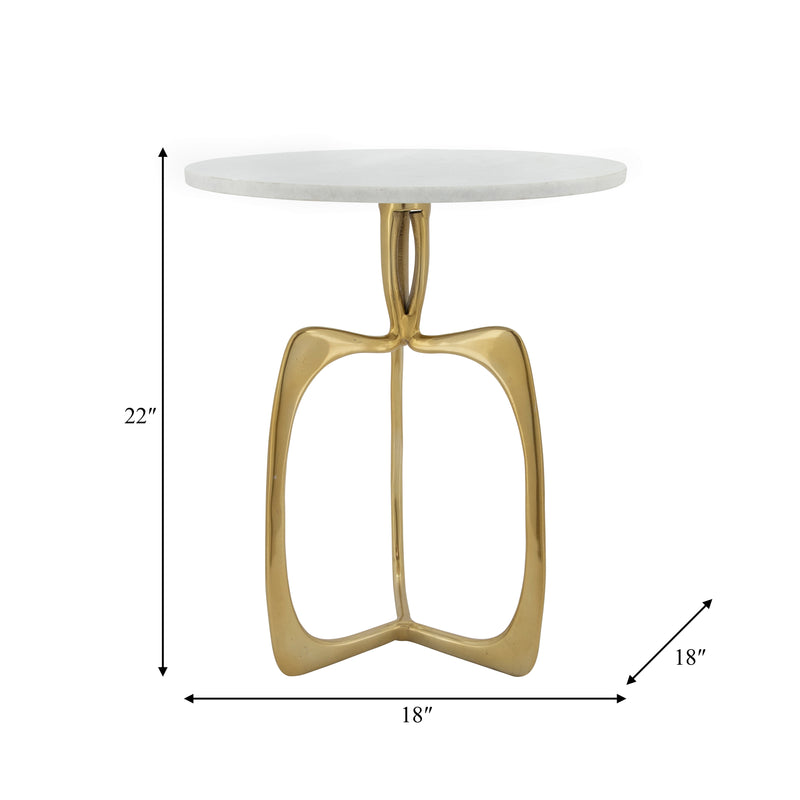 Metal 22" Accent Table W/ White Marble, Gold Kd
