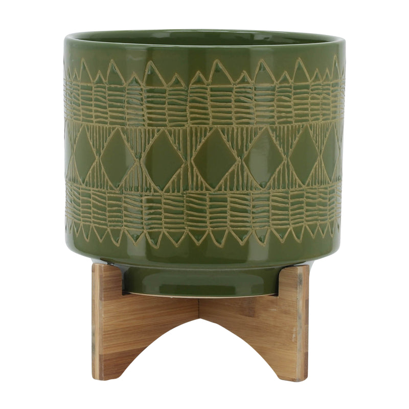 Ceramic 10" Aztec Planter On Wooden Stand, Olive