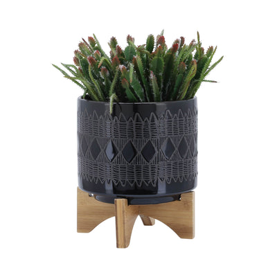 Cer, S/2 8/10" Aztec Planter On Wooden Stand,black