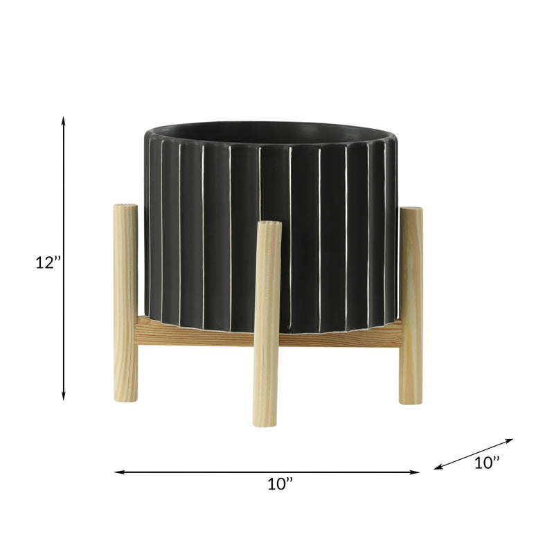 12" Ceramic Fluted Planter W/ Wood Stand, Black