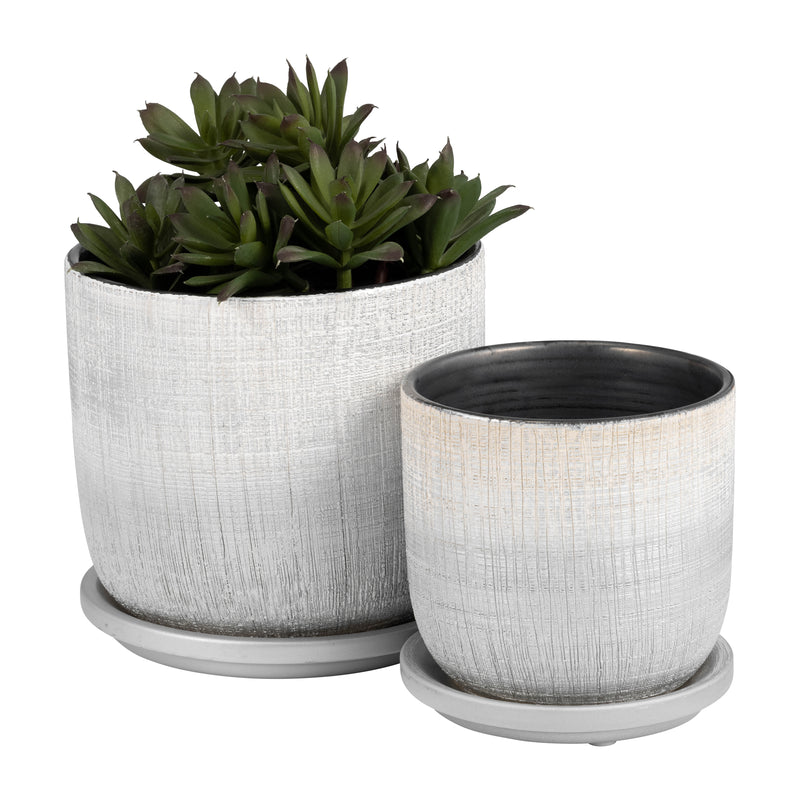 S/2 5/6" Textured Planter With Saucer, Silver