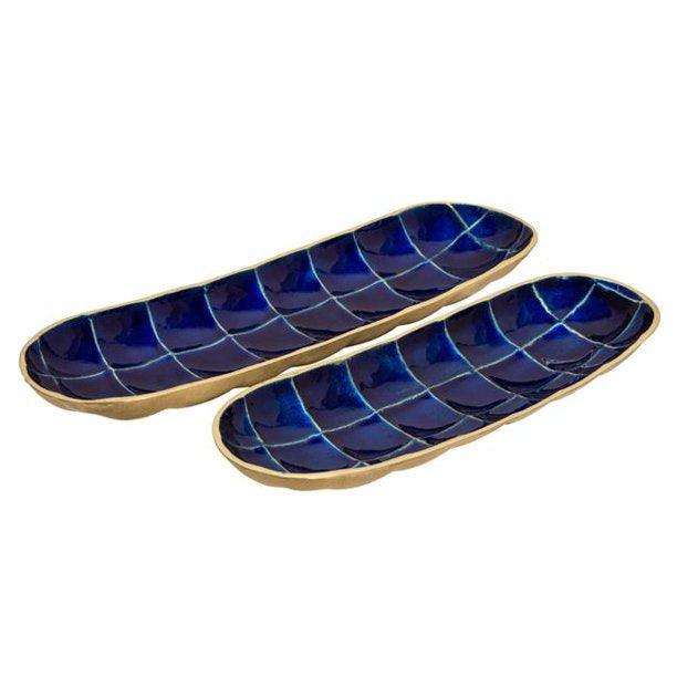 Set of 2 Gold and Navy Tortoise Shell Metal Trays - CARROT TOP